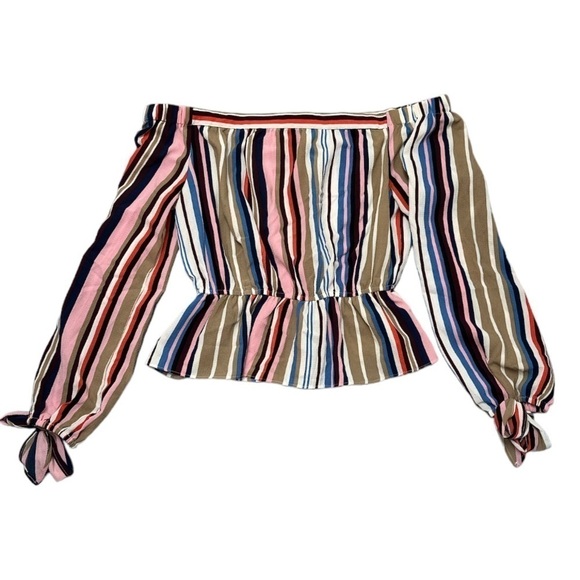 Lulu’s Off the Shoulder, Peplum Ruffled Cuff Bow Tie Cuffs Striped Top - Picture 3 of 13